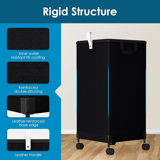 Laundry Basket With Wheels 105L, Large Rolling Laundry Hamper With Removable Bag, Metal Frame Collapsible Dirty Clothes Bin, Cloth Organizer Hampers Pull Handle For Bathroom, Dorm, Bedroom Black
