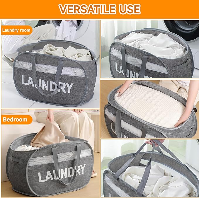 Tsmallbear Foldable Laundry Basket with Lid, Oxford Cloth Reinforced Steel Ring Collapsible laundry hamper, 70L Breathable Mesh Dirty clothes hamper with Dual Handles for Home, Dorm, Apartment