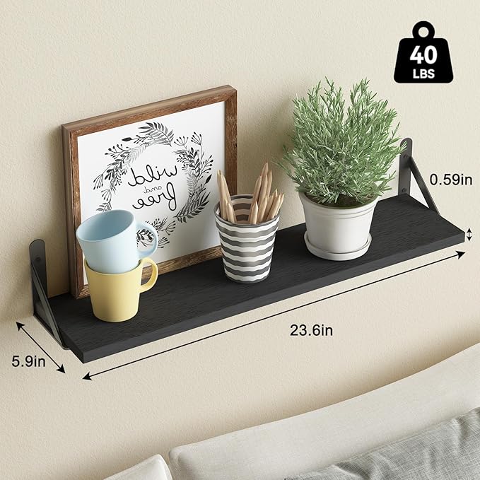 YGEOMER 23.6 Inch Floating Shelves for Wall, Farmhouse Wall Shelves for Bedroom, Bathroom Storage, Living Room and Kitchen Decor (Set of 6 Black)