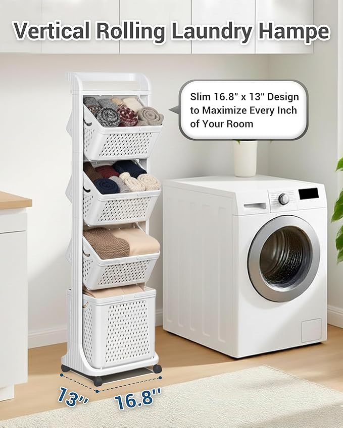 4 Tier Laundry Basket Organizer, 92L Vertical Laundry Hamper, Removable Rolling Sorter Baskets With Wheels for Small Space, Dorm, Bathroom, Bedroom