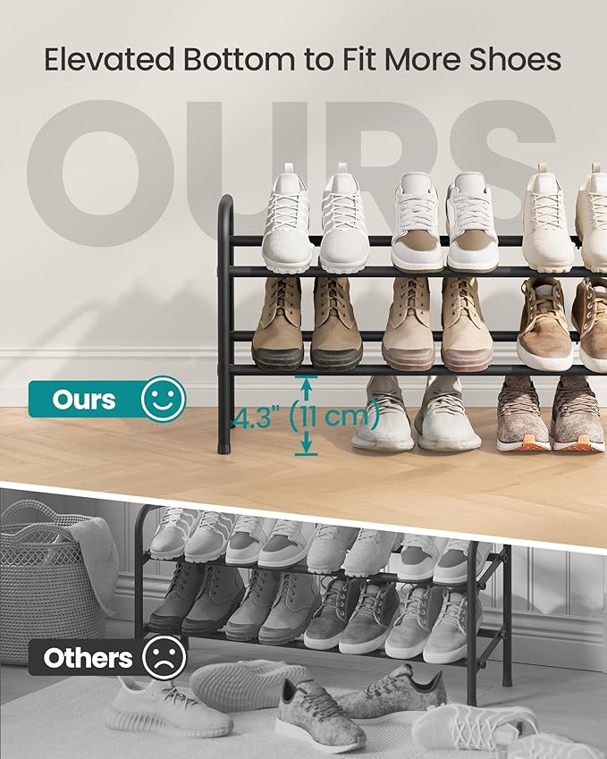 SONGMICS Expandable Shoe Rack, 2 Tier Shoe Rack Shelf, Adjustable Shoe Organizer Storage for 15 Pairs of Shoes, Metal Free Standing Shoe Racks for Closet, Front Door Entryway, Easy Assembly, Ink Black
