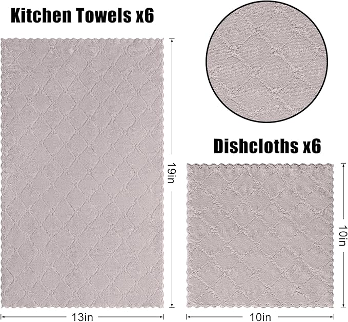Homaxy Kitchen Towels and Dishcloths Set, 10 x 10 and 13 x 19 Inches, Set of 12 Super Soft and Absorbent Coral Velvet Kitchen Towels, No Lint and Nonstick Oil Fast Drying Dish Towel, Grey