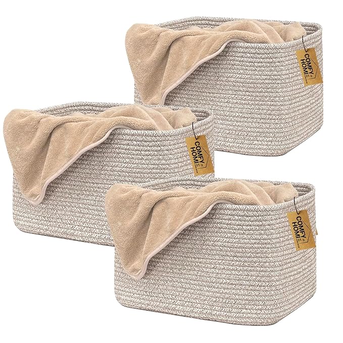 COMFY-HOMI 3Pack Small Woven Cotton Rope Basket for Organizing, Gift Baskets for Handles, Empty Gift Baskets, Medium Rope Basket|13.5" x 11" x 9.5" home decor for Living Room, Bathroom