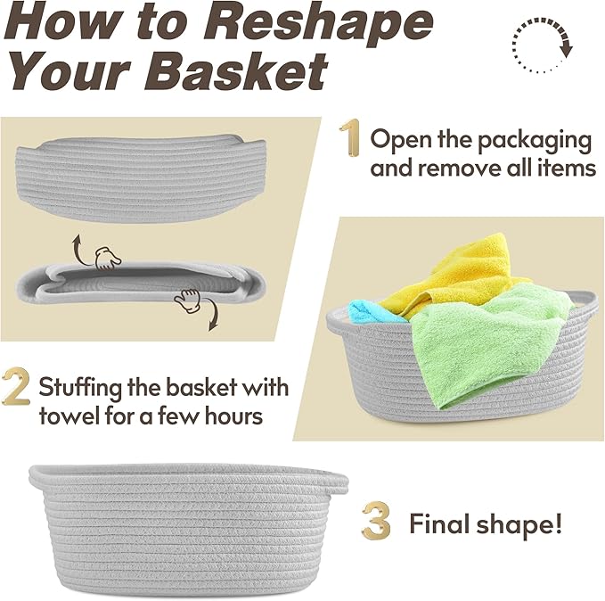 Pro Goleem Small Woven Basket with Gift Bags and Ribbons Durable Baskets for Gifts Empty Small Rope Basket for Storage 12"X 8" X 5" Baby Toy Basket with Handles, Gray