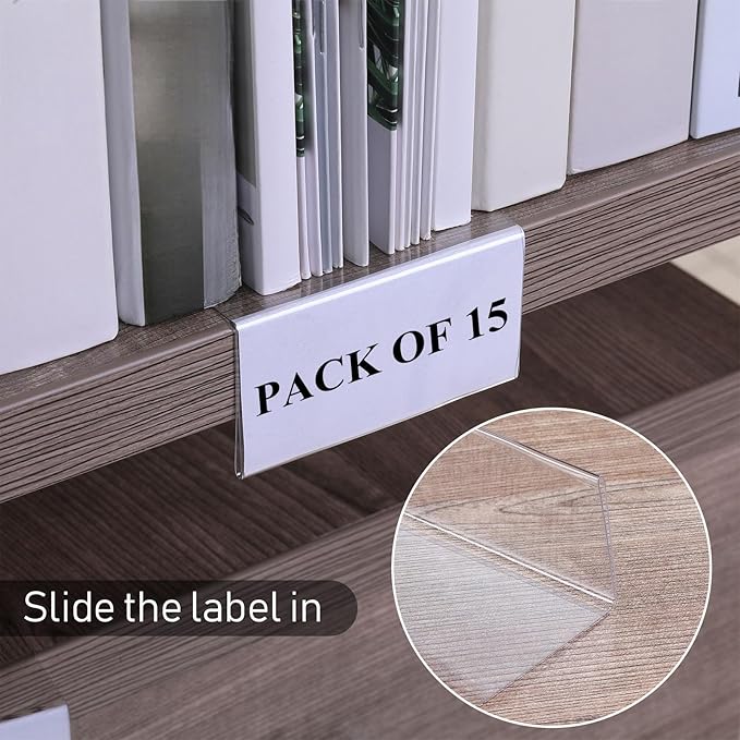 Containlol 15 Pieces Moveable Shelf Label Holders Clear Shelves Tags Moveable Library Markers Transparent Shelf Label Display Holder for Classroom Office Library Book Shelves(3 x 1.6 Inch)