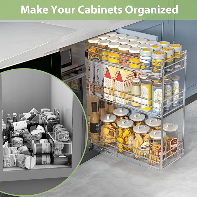 Pull Out Spice Rack Cabinet Organizer (6" W X 20½" D),3 Tier Slide Out Drawer for Narrow Cabinet, Pull Out Shelves Under Cabinet Storage for Kitchen