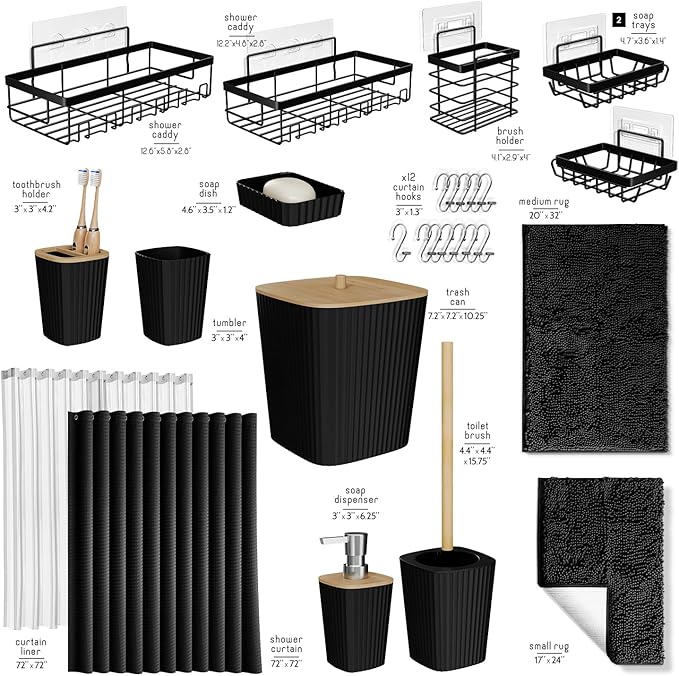 Clara Clark Bathroom Accessories Set - 27PC Bathroom Set with Adhesive Corner Shower Caddy Hanging, Bathroom Sets with Shower Curtain and Rugs, Black Shower Curtain Set with Bathroom Trash Can