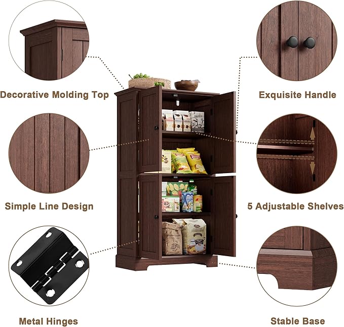 ChooChoo Bathroom Floor Cabinet, Farmhouse Bathroom Storage Cabinet with 4 Doors and Adjustable Shelves, Pantry Cabinet for Living Room, Kitchen, Walnut