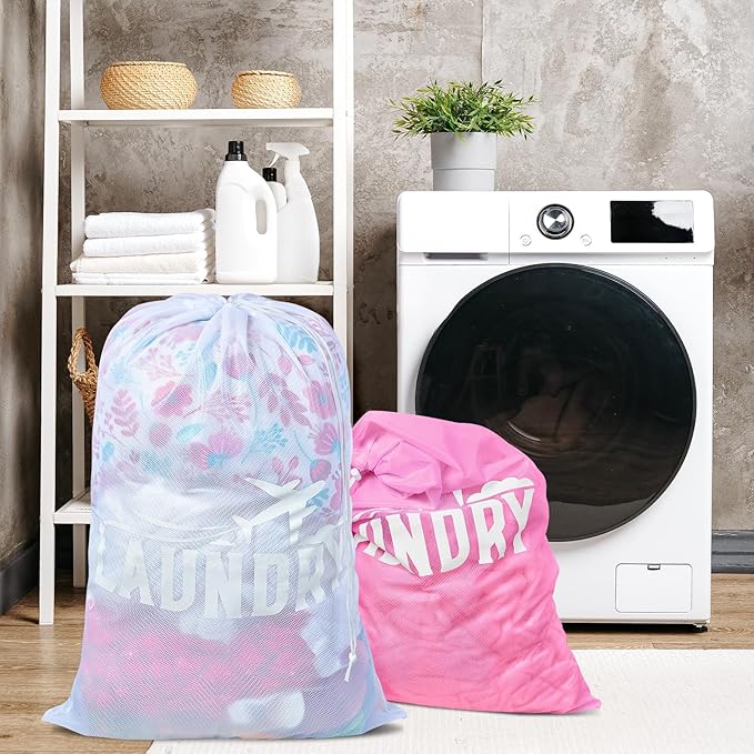 2 Pack Large Mesh Laundry Bag, Heavy Duty Laundry Bags with Drawstring, Laundry Hamper Liner, Machine Washable, for Travel, Storage, Sports, Dorms and Apartment Dwellers, 24 x 36 Inches (Pink+White)