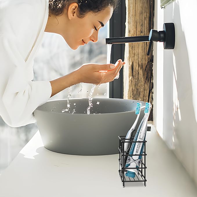 HBlife Medium Toothbrush Holder for Bathroom, 7 Slots Black Stainless Steel Bathroom Accessories Organizer for Small Spaces