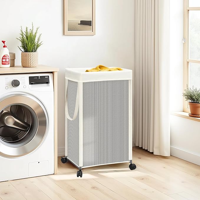 STORAGE MANIAC Laundry Hamper with Wheels, 90L (23.7 Gal) Large Tall Rolling Laundry Basket with Removable and Washable Liner Bag, Aesthetic Dirty Clothes Hamper for College, Dorm, Off-white