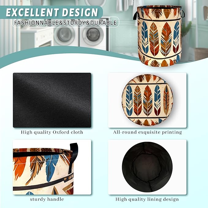 Boho Feather Print Laundry Basket Western Funny Laundry Hamper Foldable Oxford Cloth Colorful Tote Bag Clothes Toy Storage Bucket 18.9" x 16.5"For Bathroom/Laundry Storage/Bedroom