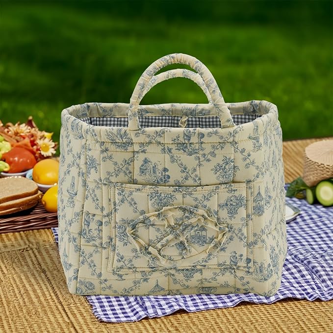 Quilted Fabric Storage Basket with Handles & Pocket, Foldable Laundry Hamper Boho Floral Print Organizer Bin for Home, Picnic, Office 12"x10"x10" (B-3)