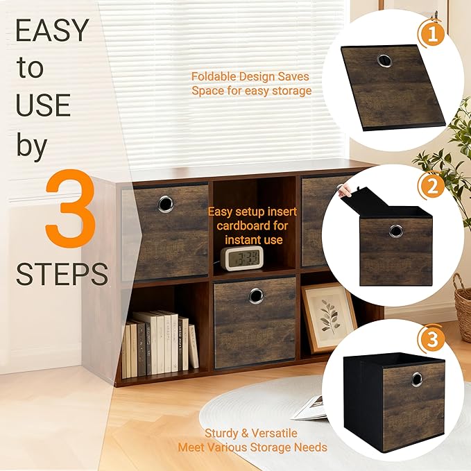Thickened Fabric Storage Bins with Wood Grain,Foldable Storage Cubes Decorative Boxes,Sturdy Cube Organizer Basket for Shelves,Closet,Home,Office, Nursery,Dorm,Brown with Black,3 Pack (10.2x10.2x11in)