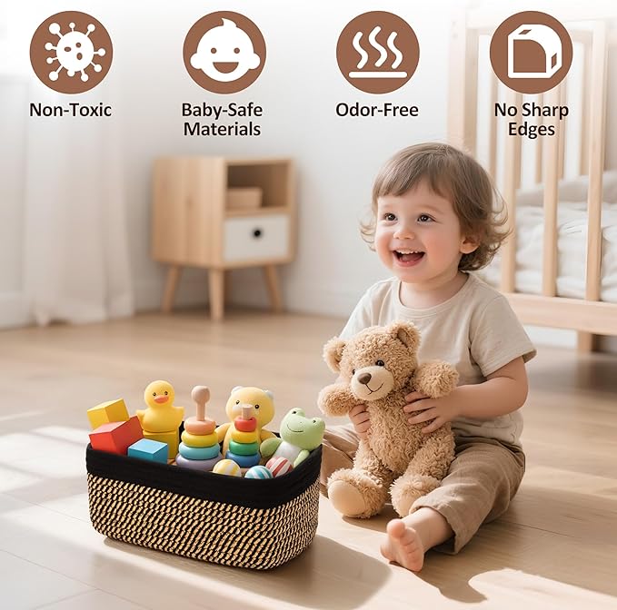 5-Pack Small Woven Rope Storage Baskets – 2 Sizes Organizer Bins for Closet, Shelf, Bookshelf, Nursery, Changing Table, Fabric Cube Boxes, Rectangular Shallow Bins for Bathroom, Toy & Home