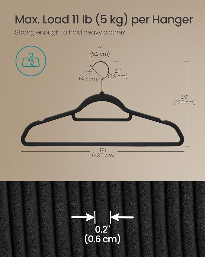 SONGMICS Velvet Hangers, Set of 50 Clothes Hanger with Black Swivel Hook, Non-Slip, and Space-Saving, 0.2-Inch Thick, 17.1-Inch Long for Coat, Shirt, Dress, Pants, Tie, Ink Black UCRF021B02