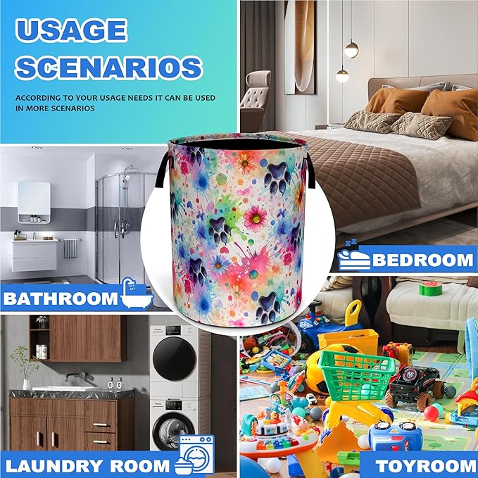 Colorful Dog Paw Prints Laundry Basket Oxford Cloth Pet Laundry Hamper With Handle Foldable Portable Clothes Storage Basket 18.9 X 16.5 Inch Storage Bag For Laundry Room/Bathroom/Bedroom/Dormitories