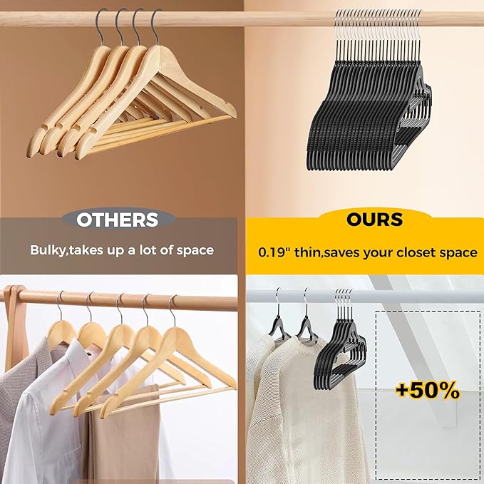 Quality Clothes Hangers 50 Pack - Non-Velvet Plastic Hangers for Clothes - Heavy Duty Coat Hanger Set - Space-Saving Closet Hangers with Black Swivel Hooks - Functional Non-Flocked