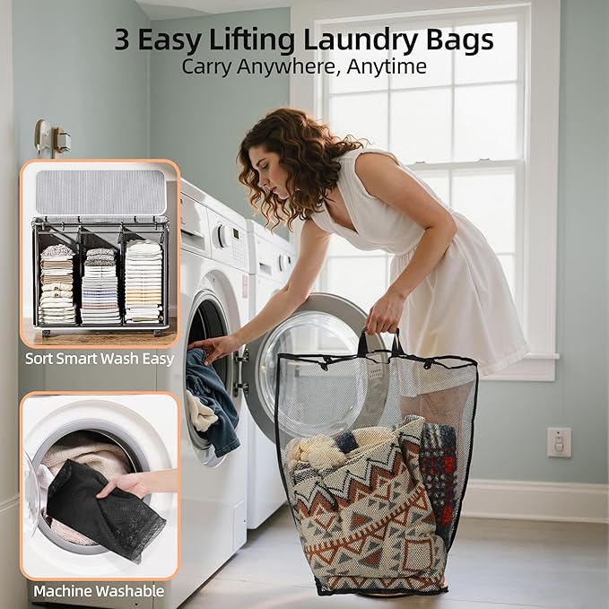 Yecaye 180L Laundry Basket With Lid and Removable 3 Bags, Large Rolling Laundry Hamper with Lid, 3 Section Rolling Clothes Storage With Wheels, Clothes Hamper with Wheels For Laundry Room, Grey
