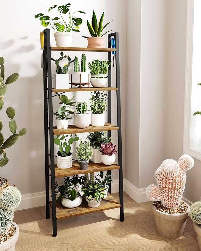 Ladder Shelf, Bookshelf Bookcase, Freestanding Corner Storage Shelve with 2 Hooks for Home Office, Living Room, Kitchen, Bedroom, Industrial, 11.8" D x 23.6" W x 63" H, Rustic Brown BC19301B
