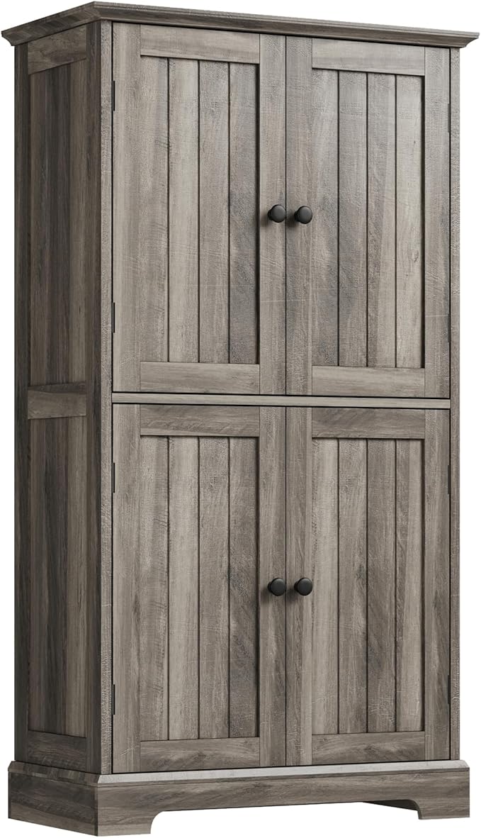 ChooChoo Bathroom Floor Cabinet, Farmhouse Bathroom Storage Cabinet with 4 Doors and Adjustable Shelves, Pantry Cabinet for Living Room, Kitchen, Retro Grey
