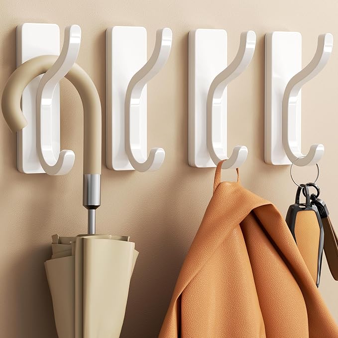 niffgaff Wall Hooks for Coat and Towel: 13lb Adhesive Door Hanger Stick On, Sticky Hook for Wall, Closet, Bathroom - White, 4 Pack