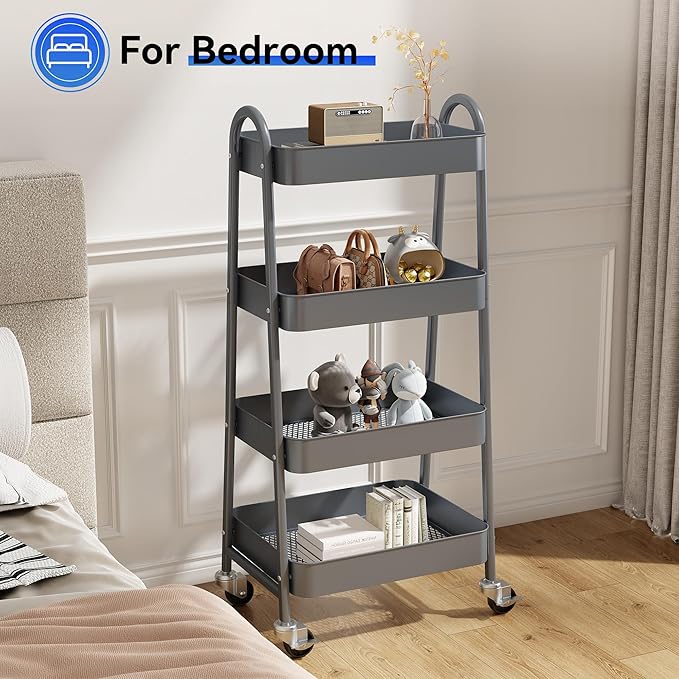 OLIXIS 4 Tier Utility Rolling Cart, Metal Mobile Storage Shelf with Lockable Caster Wheels, Organization for Livingroom, Bathroom & Narrow Places, 4-Tier Gray