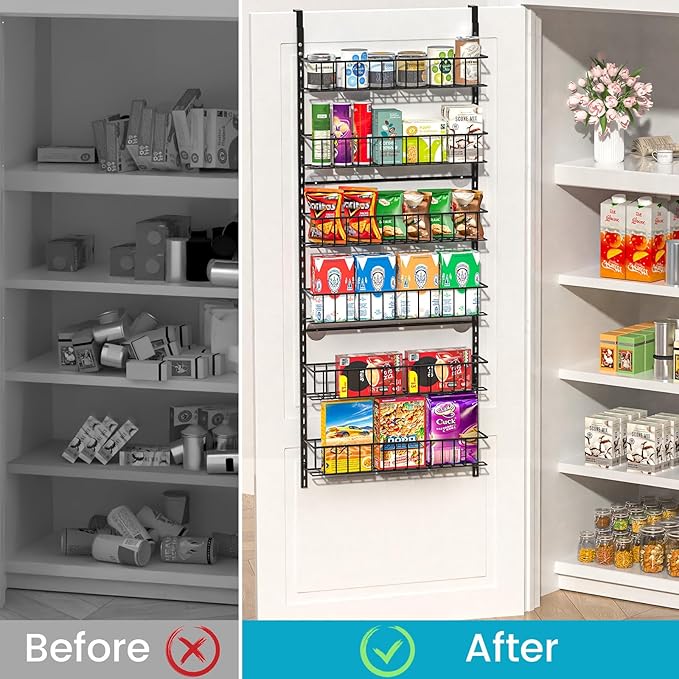 6-Tier Pantry Door Oragnizer, Over The Door Pantry Organizer Rack and Storage, Hanging Spice Rack Shelves Door, Home Office Laundry Room Bathroom & Kitchen Organization Essentials Metal
