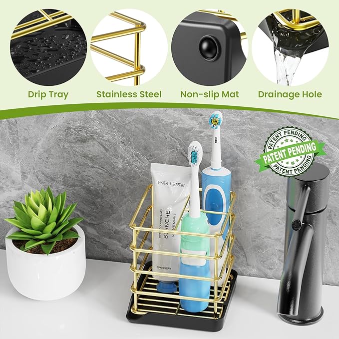 Toothbrush Holders for Bathrooms, Stainless Steel Toothbrush Holder Kids Electric 3 Slots Tooth Brushing Holder Stand and Toothpaste Holder for Bathroom Accessories Organizer with Tray, Gold