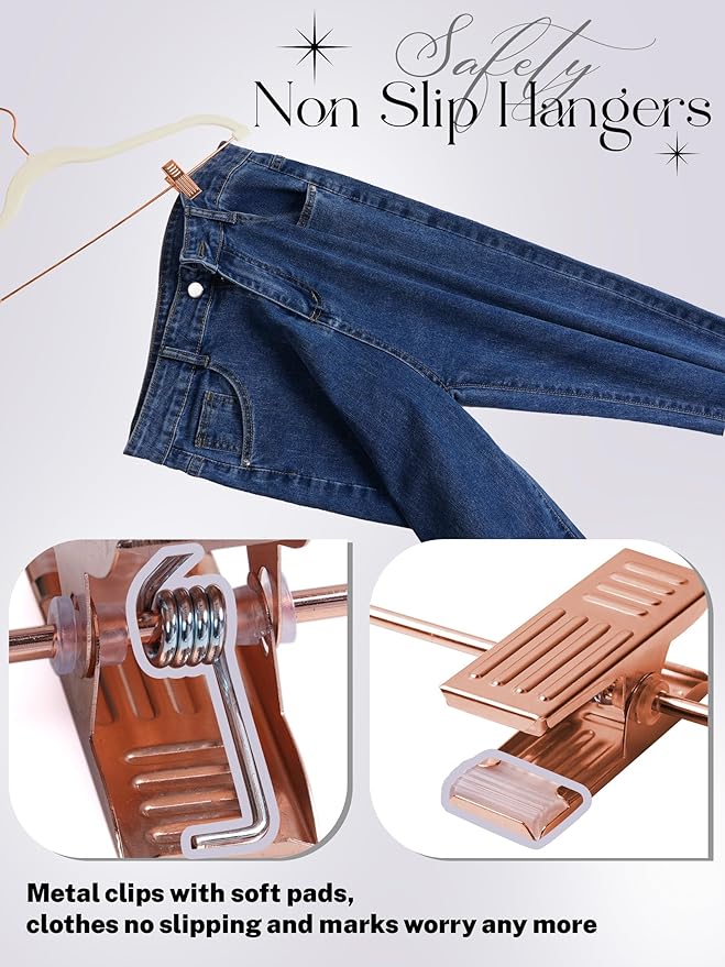 HOUSE DAY Velvet Skirt Hangers 24 Pack, Non Slip Pants Hangers with Rose Gold Clips, Slim Hanger with Clips, Velvet Clip Hanger for Jeans, Trouser, Dresses, Coats (Ivory)