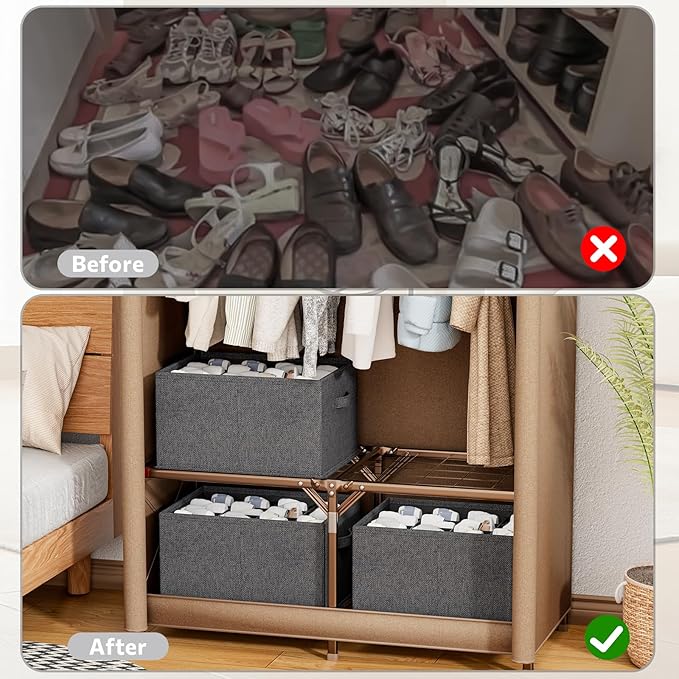 2 Pack Shoe Organizer for Closet, Fits 16-32 Pairs Fabric Shoe Storage Bins Large Shoe Box Storage Containers with Bottom Support for Shoes Space Saving Shoes Holder (Black, 19.7*15.7*11.8in)