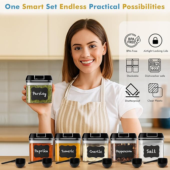 Shazo 6 PC Airtight Food Storage Containers + 6 Spoons - BPA Free Clear Plastic Snack & Spice Containers with Easy Lock Lids - Kitchen and Pantry Organization for Herbs, Coffee, Tea - 0.5L / 2.1 Cups