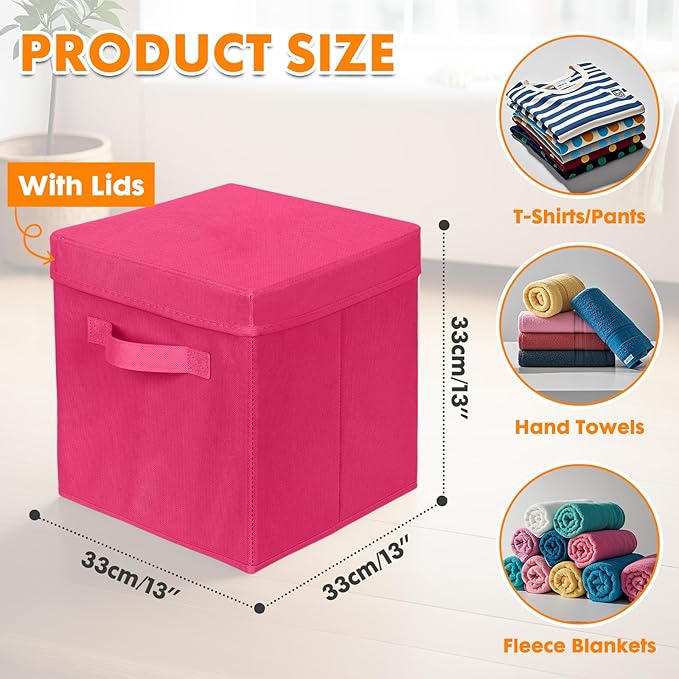ShellKingdom Storage Bins, Foldable Fabric Storage Cubes with Lid, Clothes Storage Organizer Drawer For Closet Toys Storage, 13 X 13 X 13 INCH, 2 Pack (Fuchsia)