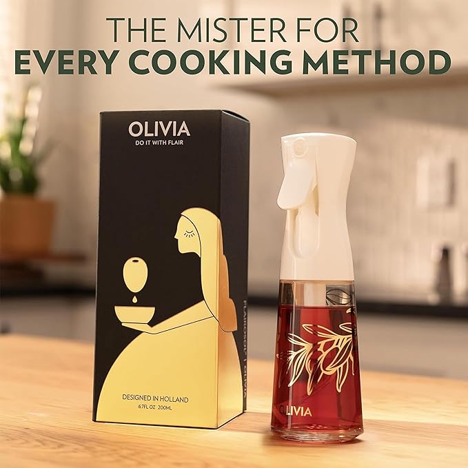 FLAIROSOL OLIVIA Oil Sprayer for Cooking, 200ml Glass Olive Oil Sprayer, Continuous Cooking Spray Bottle with Portion Control, Olive Oil Dispenser for Kitchen, Air Fryer, Salad, BBQ (Golden Leaves)