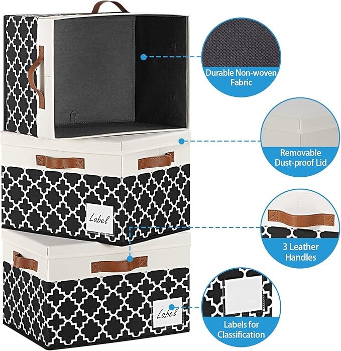 GhvyenntteS Fabric Storage Bins with Lids 3 Pack, Foldable Fabric Storage Boxes with Lids and 3 Handles, Sturdy Closet Organizers and Storage Bins with Label Window for Home (White&Lattice Black)