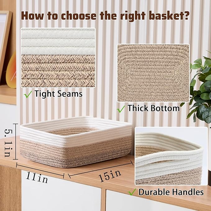 Large Shallow Organizing Baskets 15x11x5.1 Inches - Rope Woven Storage Bins for Bathroom, Shelves, Cube Closet, Gradient Brown 4 Packs
