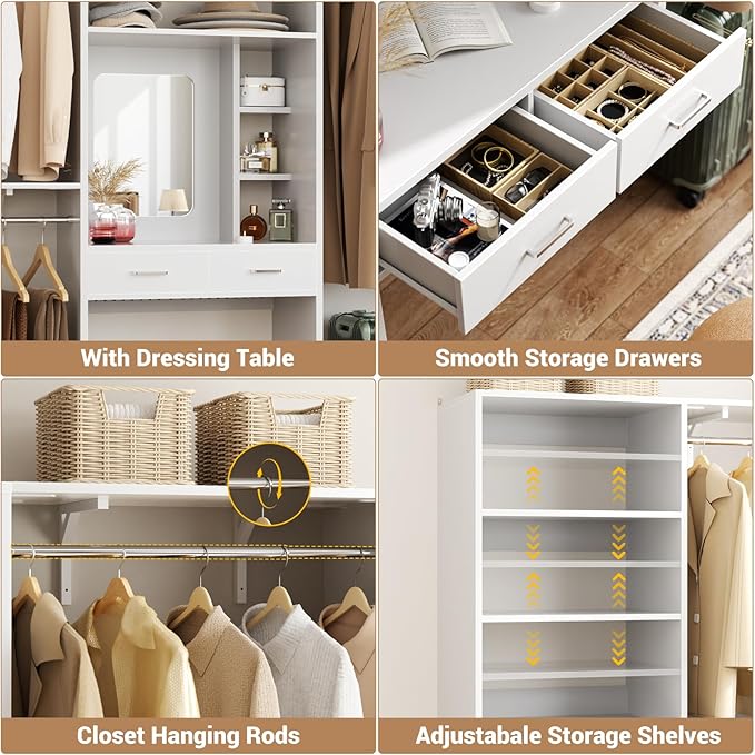 Unikito Closet System with Vanity Desk, 156”Modular Corner Closet Organizer System with Hanging Rods & Adjustable Shelves, Freestanding Wood Wardrobe Organizer, Sturdy Walk in Closet Tower, White