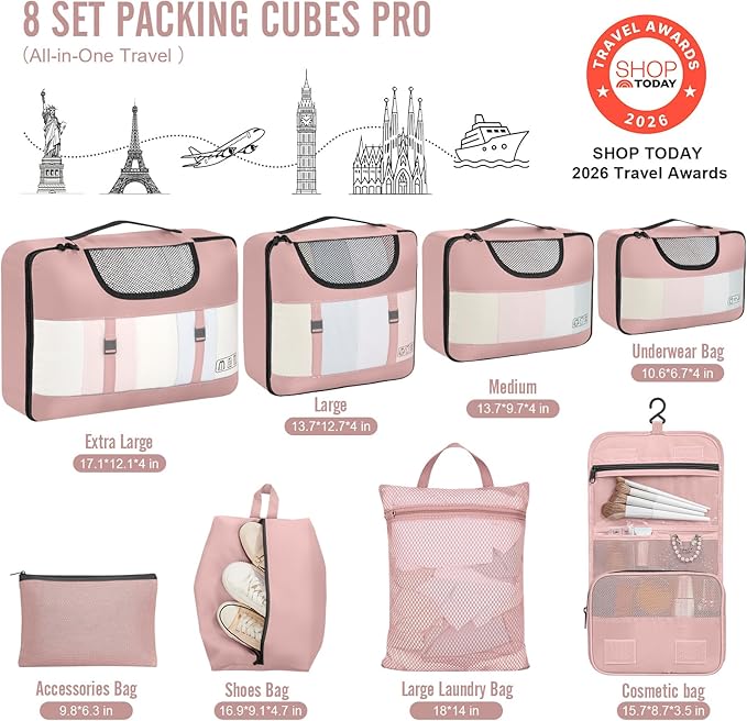Veken 8 Set Packing Cubes for Travel Essentials, Suitcase Organizer Bags in 4 Sizes, Carry-On Luggage Accessories with Large Laundry & Hanging Toiletry Bag, Must-Have for Airplane, Road Trip & Camping