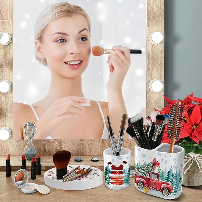 Christmas Bathroom Decor, Christmas Bathroom Accessories Set 4, Snowman Soap Dispenser, Gnome Truck Toothbrush Holder, Merry & Bright Soap Dish