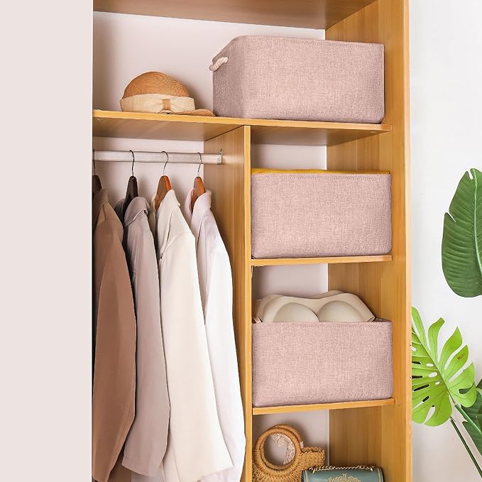 Storage Bins with Sturdy Cotton Handles(3 Pack), Fabric Storage Baskets for Organizing use for Office & Home, Book, Clothes, Toys, Closet Boxes (Medium, Pink, 14.2x10.2x7.1 inches)