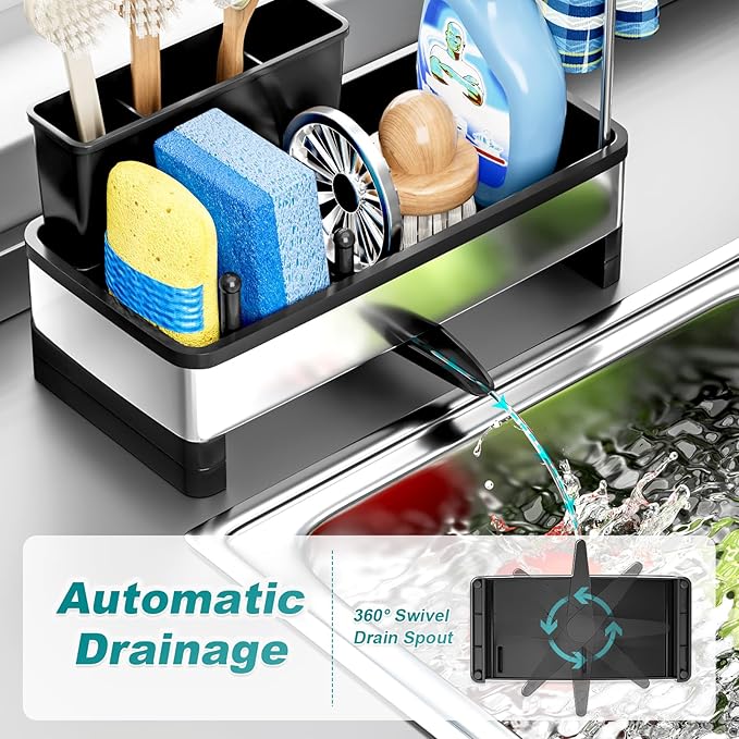 Ewaiira Stainless Steel Sink Caddy, Sponge Holder for Kitchen Sink with Brush Holder & Dishcloth Rack, Rustproof Sink Organizer Countertop, Soap Dispenser Kitchen Organizers Storage Essentials, Black
