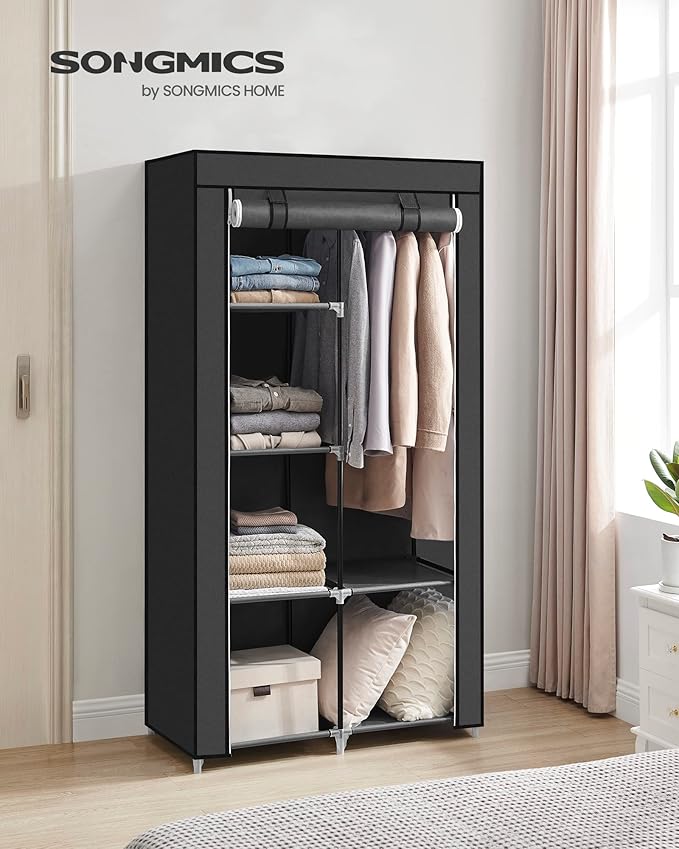 SONGMICS Portable Closet, Fabric Wardrobe, Clothes Rack with Shelves, Pockets, Large Capacity, 1 Hanging Rod, 34.6 x 17.7 x 66.1 Inches, Ink Black URYG84BK