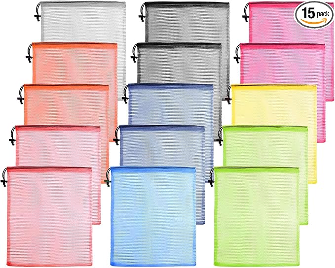 KUUQA 15 Pcs Mesh Drawstring Bags, Nylon Mesh Stuff Sacks for Storage, Travel, Sports (9 Colors)
