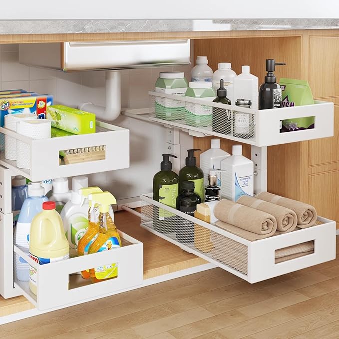 2 Packs 17IN Depth Under Sink Organizer, 2-Tier Pull Out Cabinet Organizer With Smooth Circular Rail, Large Capacity Metal Mesh Sliding Drawers For Bathroom& Kitchen Storage,Height Adjustable –White