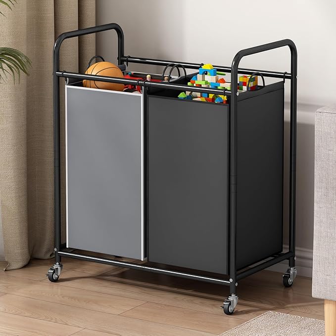 SUOERNUO Laundry Hamper Basket 2 Bag Laundry Sorter Cart with Rolling Lockable Wheels and Removable Bags Laundry Organizer Cart for Clothes Storage