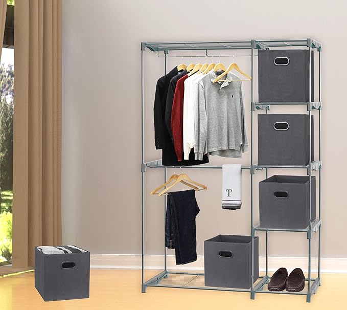 Simple Houseware Foldable Cube Storage Bins with Handles, 11-Inch, Dark Gray, 6-Pack, Fabric Cubes Organizer for Closet or Shelves