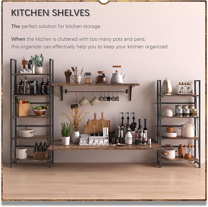 4NM No Assembly Folding Bookshelf, 5-Shelf 62.2" H Collapsible Foldable Bookcase Storage for Small Spaces, Rustic Brown and Black | 4NM, No-Assembly, Folding, Bookshelf, Storage Shelves, 5 Tiers
