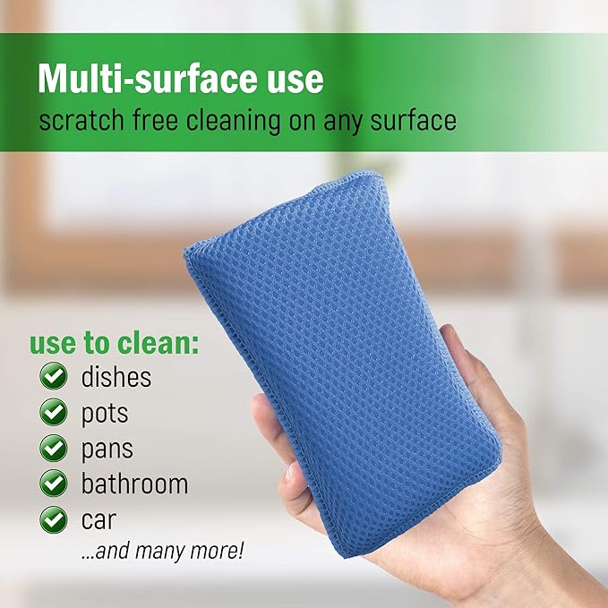 Miracle Microfiber Kitchen Sponge by Scrub-It - Non-Scratch Heavy Duty Dishwashing Cleaning sponges- Machine Washable - (Blue)