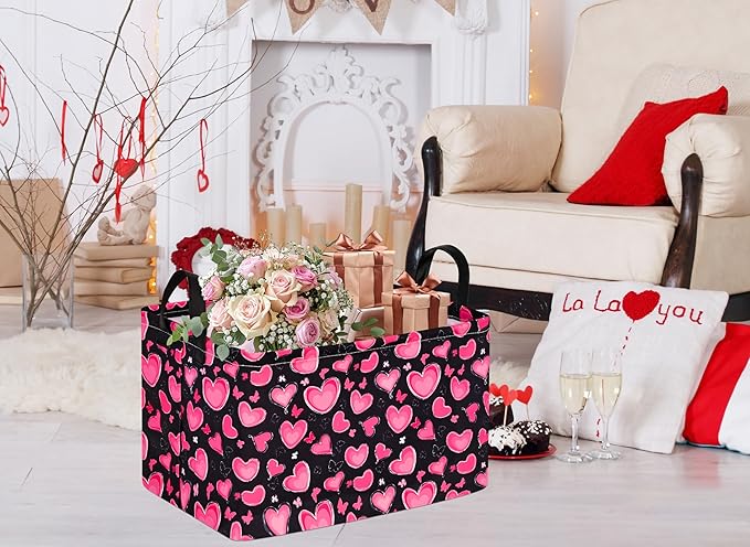 Empty Gift Basket for Girls Heart Print Storage Cube for Women, Closet Shelf Waterproof Organizer Bins with Handles Nursery hamper Kids Toys Books Box Room Deco