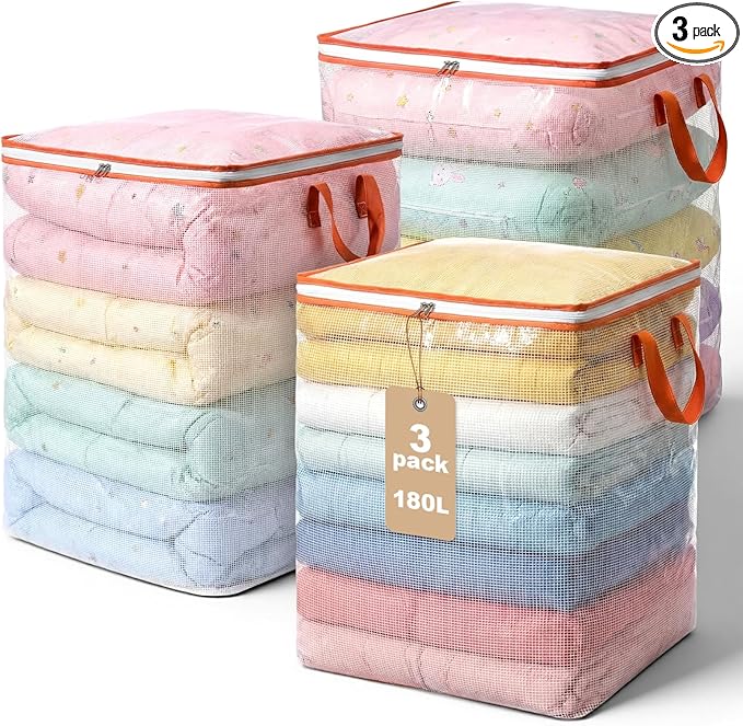 3 Pack 180l Extra Large Blanket Clothes Storage Bags, Transparent Moving Bags with Zippers & Handles for Organizing Clothes, Comforters, Blankets, Bedding, Pillow, Bedding, Travel, 47.6gal